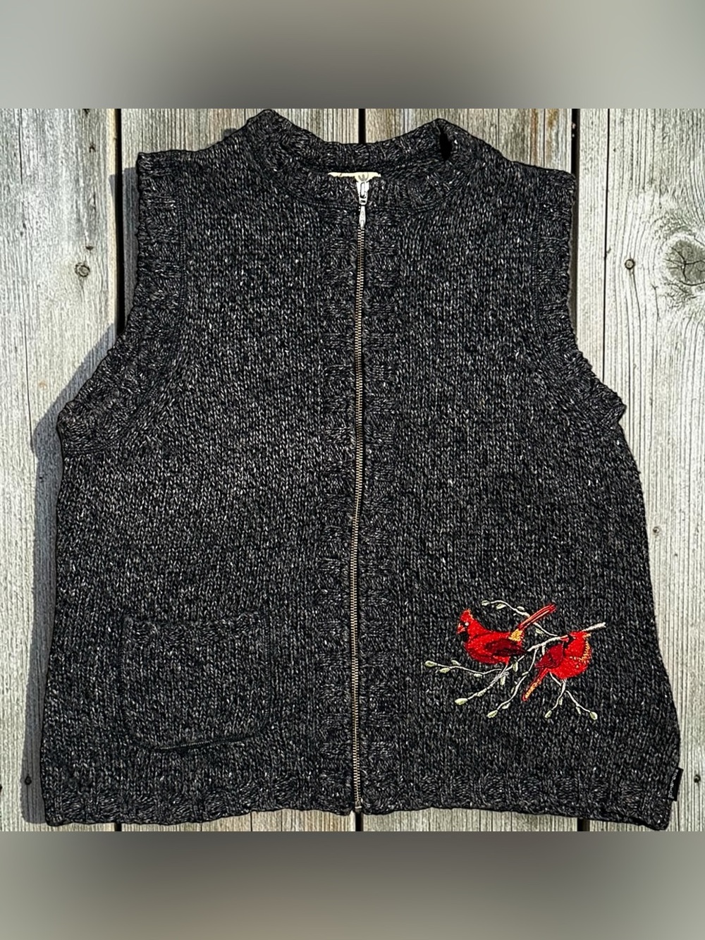 Vintage Woolrich Cardinal Embroidered Knit Vest Black Heather L Christmas